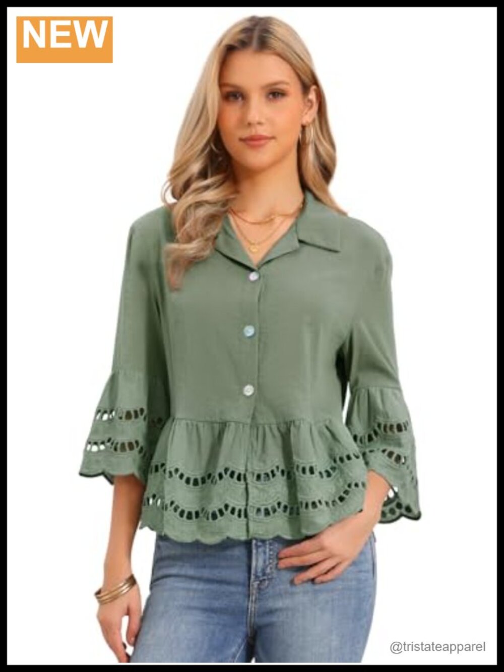 Women's 3/4 Bell Sleeve Eyelet Blouse - Ruffle Hem Button Down